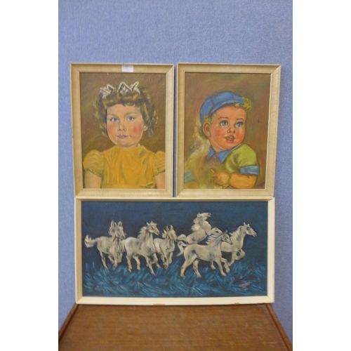 365 - George Hawley, pair of studies of children and a study of horses, oil on board, framed