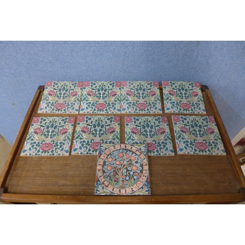 406 - Eight William Morris style glazed tiles, orange tree tile and ten swan patterned tiles