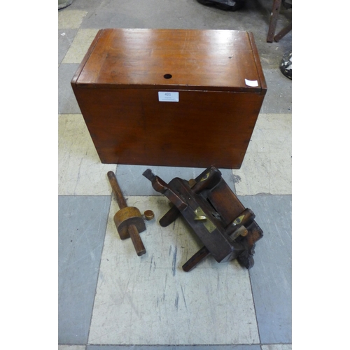 421 - A Victorian mahogany box, vintage woodworking plane and one other