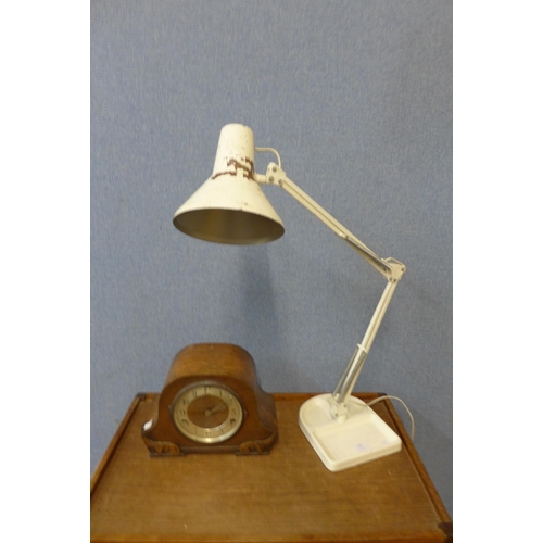 429 - A painted cast iron based Danish anglepoise lamp and an oak mantel clock