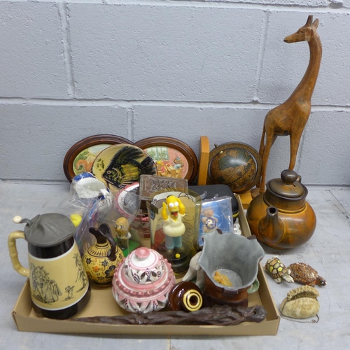 1247 - A collection of china and other assorted items including a small globe, figures, teapot, etc., and f... 