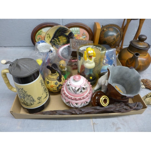 1247 - A collection of china and other assorted items including a small globe, figures, teapot, etc., and f... 