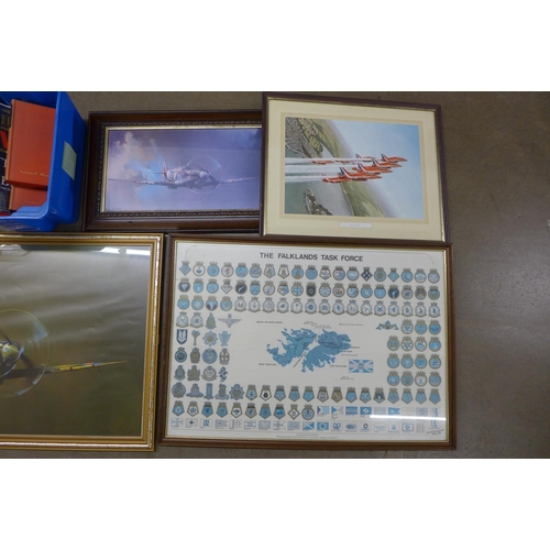 1250 - A collection of military fighter pilot flight books, four pictures of aircraft and a Royal Air Force... 