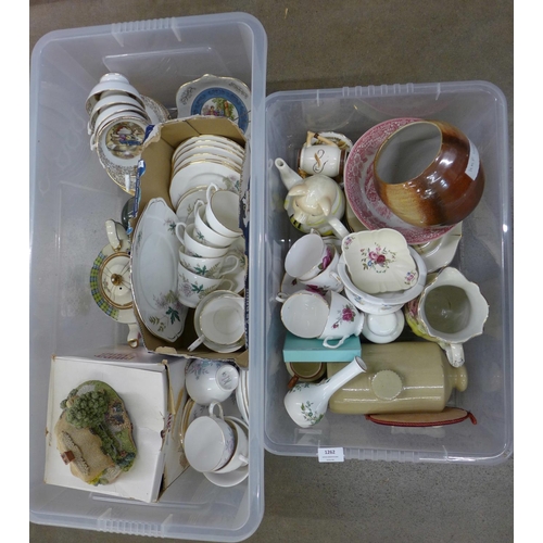 1262 - Two boxes of assorted china including Coalport, Sadler, Colclough ware, boxed Lilliput Lane cottage,... 