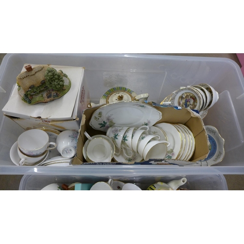 1262 - Two boxes of assorted china including Coalport, Sadler, Colclough ware, boxed Lilliput Lane cottage,... 