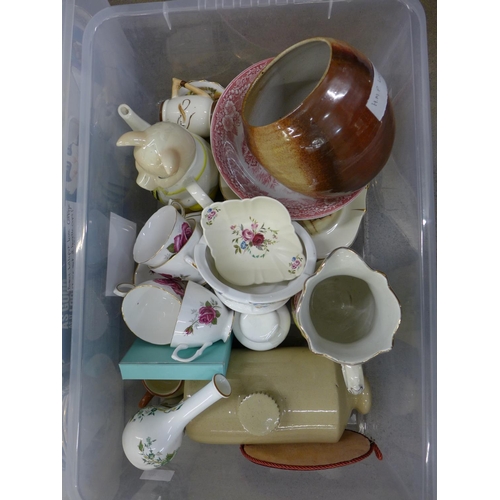 1262 - Two boxes of assorted china including Coalport, Sadler, Colclough ware, boxed Lilliput Lane cottage,... 