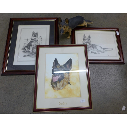 1270 - Three pictures of an Alsatian, framed and a figure**PLEASE NOTE THIS LOT IS NOT ELIGIBLE FOR POSTING... 