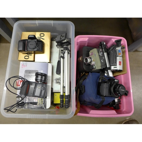 1277 - Two boxes of cameras and equipment, Canon EOS D60, Nikon F50, F70, tripods, etc.**PLEASE NOTE THIS L... 