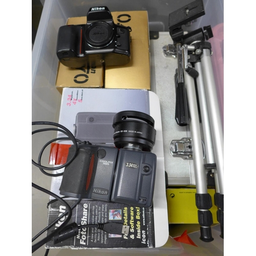 1277 - Two boxes of cameras and equipment, Canon EOS D60, Nikon F50, F70, tripods, etc.**PLEASE NOTE THIS L... 