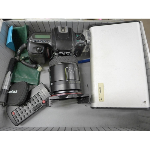 1277 - Two boxes of cameras and equipment, Canon EOS D60, Nikon F50, F70, tripods, etc.**PLEASE NOTE THIS L... 