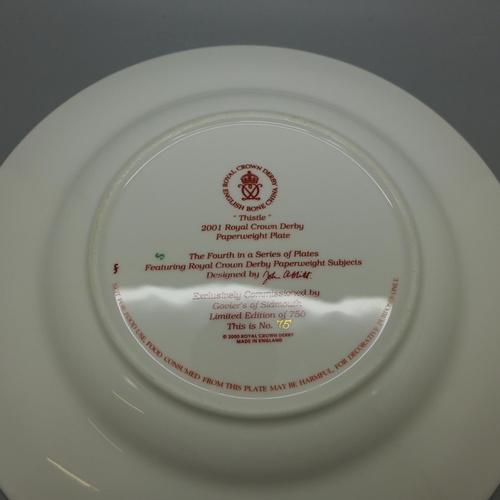 608 - A Royal Crown Derby plate, 2001, Thistle Donkey, with certificate, limited edition