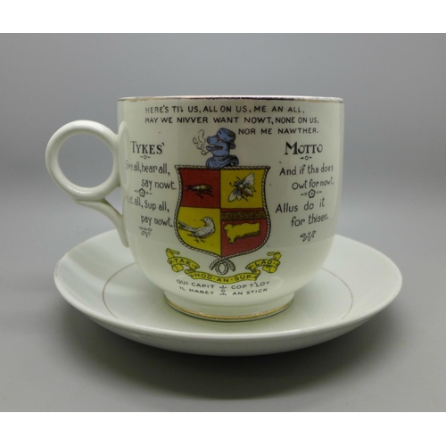 626 - A large cup and saucer, Tykes' Motto