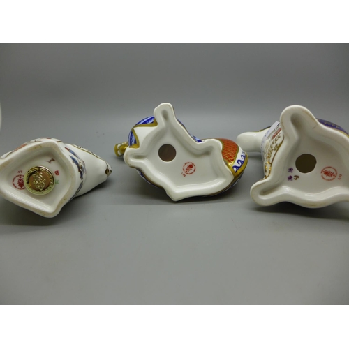 628 - Three Royal Crown Derby paperweights, Squirrel with gold stopper, Dragon and Duck Billed Platypus