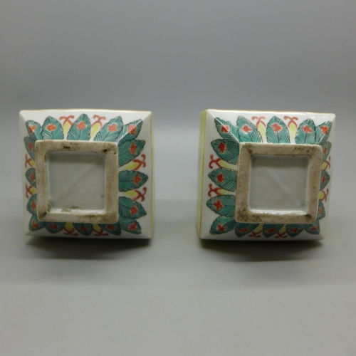 629 - A pair of Chinese porcelain square section vases, 15cm