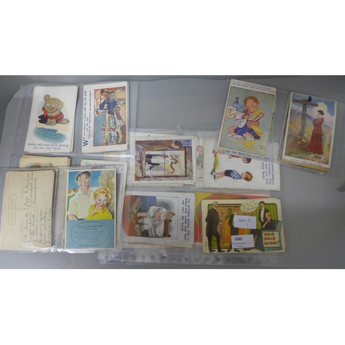 640 - Fifty-six mainly pre 1939 comic seaside postcards plus fifty-seven mainly Bamforth comic postcards, ... 