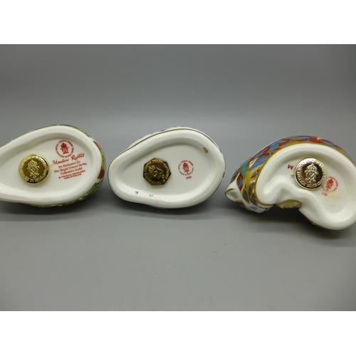 642 - Three Royal Crown Derby paperweights, Meadow Rabbit with gold stopper, one other rabbit and a kitten