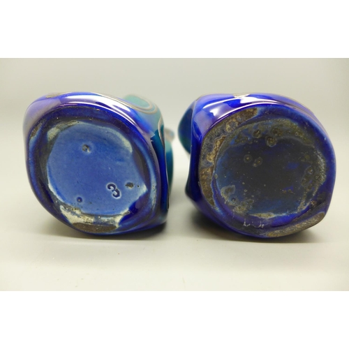 659 - A pair of blue lustre and silver covered Art Nouveau porcelain vases, one with silver a/f, 11cm