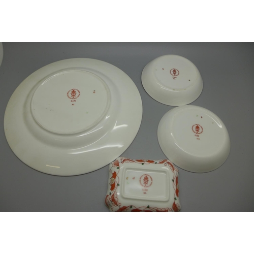 681 - A Royal Crown Derby 2451 pattern plate, two 1128 pattern pin dishes, round and rectangular and a 245... 