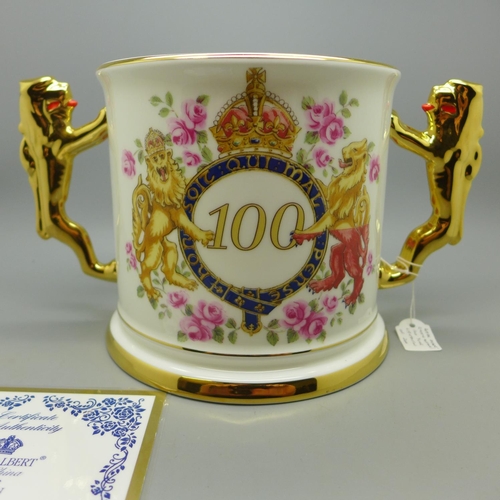 724 - A Royal Albert Paragon commemorative two handled mug, Queen Elizabeth the Queen Mother, 100 Year bir... 