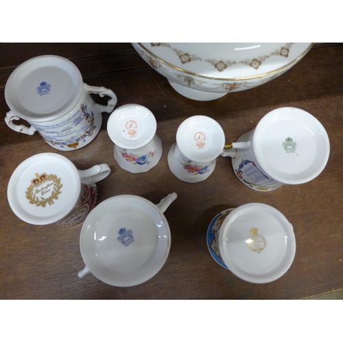 727 - A Camden posy vase, three Aynsley and two other Royalty mugs and a pair of Lynton porcelain vases