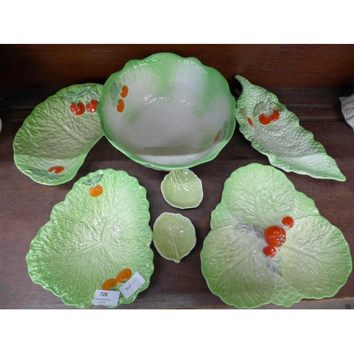 728 - A collection of Beswick and Crown Devon lettuce leaf bowls and dishes and two similar small bowls