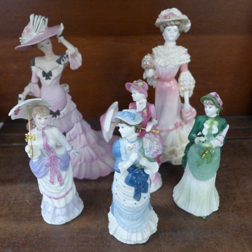 731 - Four Coalport figures, Miss Sarah, Miss Charlotte, Miss Jane, Miss Emily, and two larger figures, Ge... 