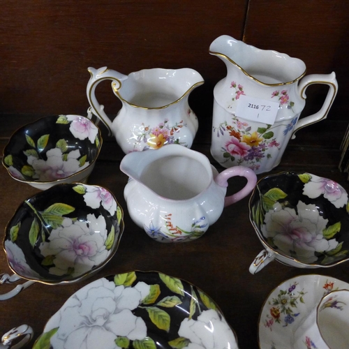 738 - Six Paragon cups and saucers, (not matching, 6 + 6), a Shelley jug, two Derby Posies jugs and a Roya... 