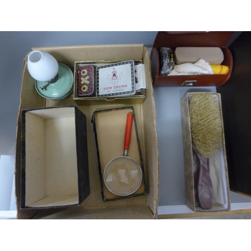 766 - A small oil lamp, shoe shining kit, melamine brush and comb set, etc.