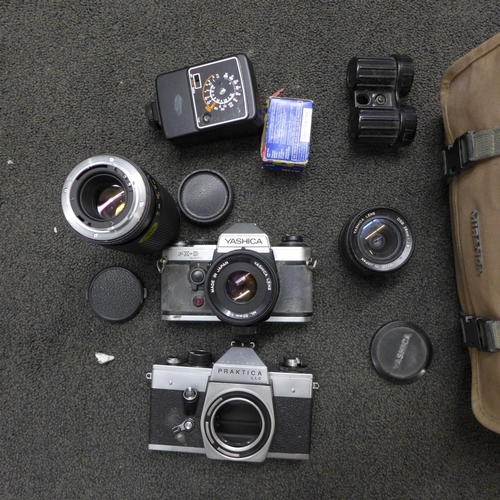 784 - A Praktica LLC camera body and a Yashica FX-D camera set with 50mm lens, an 80-200mm lens and flash