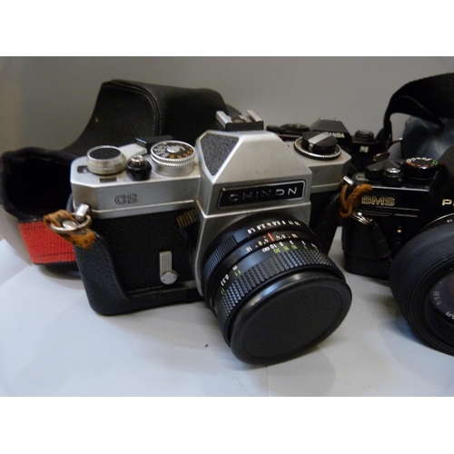 804 - Five 35mm film cameras, Olympus OM10 with 50mm lens, Miranda MS-2 Super with MC Macro lens, a Chinon... 