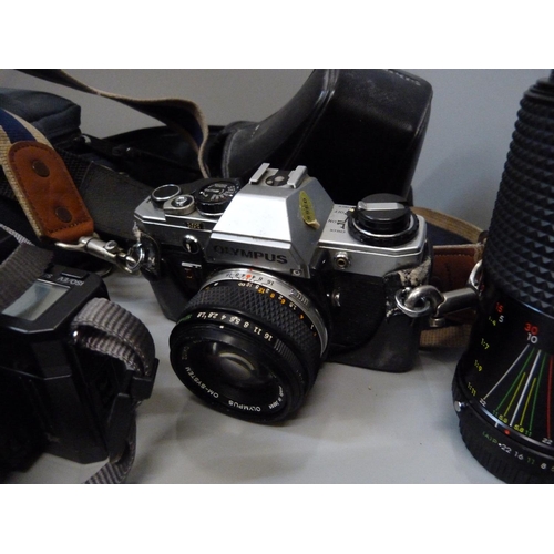 804 - Five 35mm film cameras, Olympus OM10 with 50mm lens, Miranda MS-2 Super with MC Macro lens, a Chinon... 