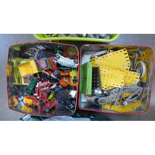 830 - A collection of die-cast model vehicles, playworn, a remote control car carrier and Meccano