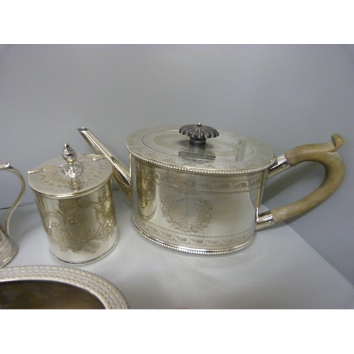 846 - A three piece plated tea service and a plated caddy and a jewellery box with mother of pearl inlay a... 