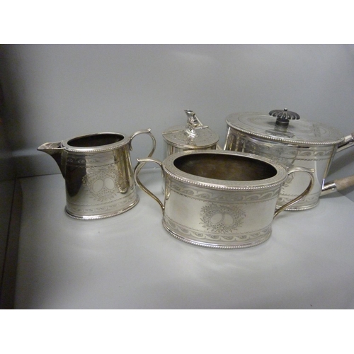 846 - A three piece plated tea service and a plated caddy and a jewellery box with mother of pearl inlay a... 