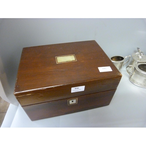 846 - A three piece plated tea service and a plated caddy and a jewellery box with mother of pearl inlay a... 