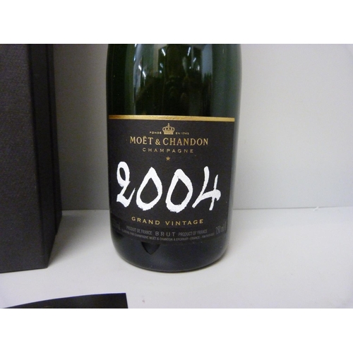 A bottle of Moet and Chandon 2004 Grand Vintage champagne, boxed