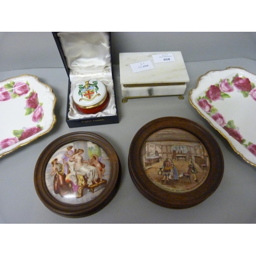 859 - Two Royal Worcester china trays, two pot lid, an onyx box and an enamel box