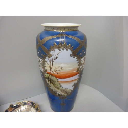 863 - A Nippon hand painted vase, one other Japanese vase and two dishes