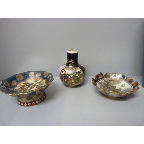 863 - A Nippon hand painted vase, one other Japanese vase and two dishes