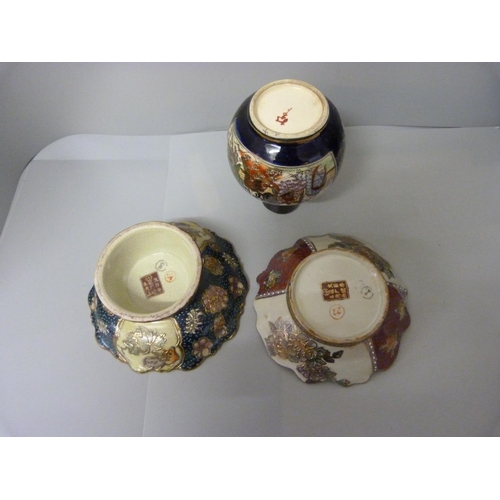 863 - A Nippon hand painted vase, one other Japanese vase and two dishes