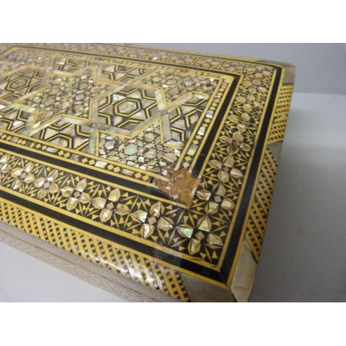 864 - Two wooden boxes, one Middle Eastern with mosaic inlay