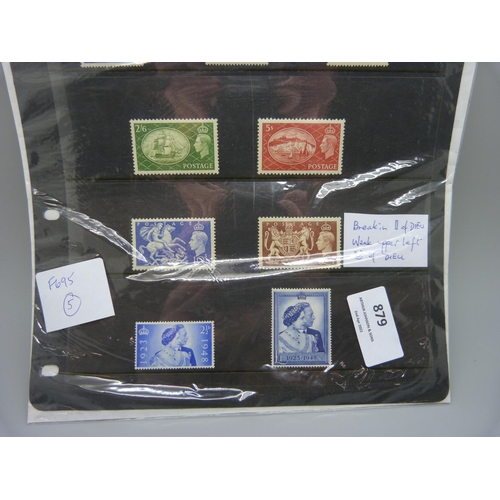 879 - Stamps; GB King George VI mint high values on stockcard