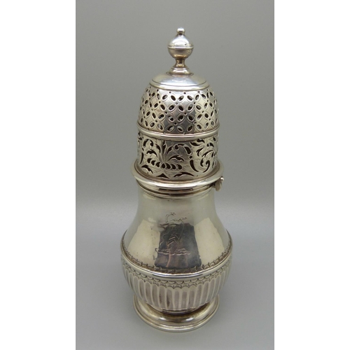 896 - A silver sugar shaker, Queen Anne, by Charles Adam, 1700-1719, 258g, 19cm