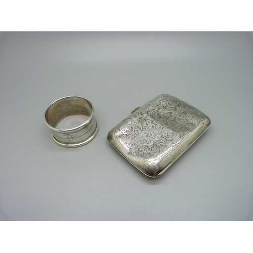 919 - A silver cigarette case, a/f, 50g, and a silver napkin ring, 11g