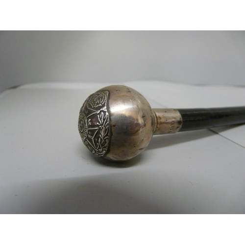 986 - A silver topped swagger stick, The Robin Hoods, hallmarked London 1935