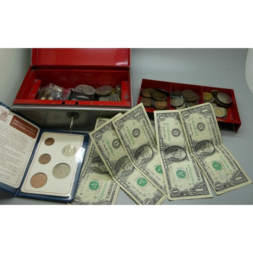 997 - A collection of coins and five $1 notes