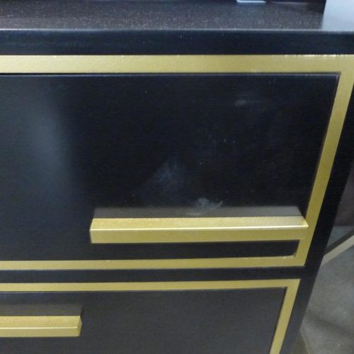 1485 - A black two drawer bedside chest with gold legs