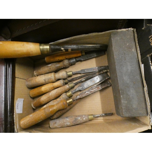 2001 - 10 Joiners chisels including large Sorby lathing chisel and two honing stones.