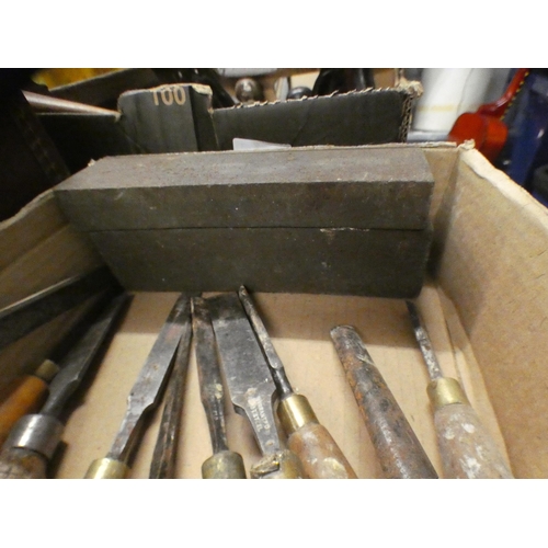 2001 - 10 Joiners chisels including large Sorby lathing chisel and two honing stones.