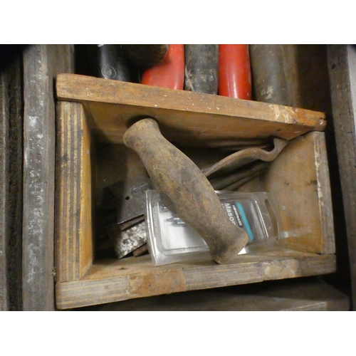 2010 - Vintage carpenter's tool box with hand tools: planes, chisels & Stabila spirit level